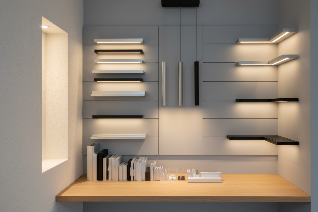 Minimal product-focused architectural scene featuring aluminum LED profiles used in different applications, subtle emphasis on selection and variety, neutral background, soft professional lighting, premium look, no text, no people