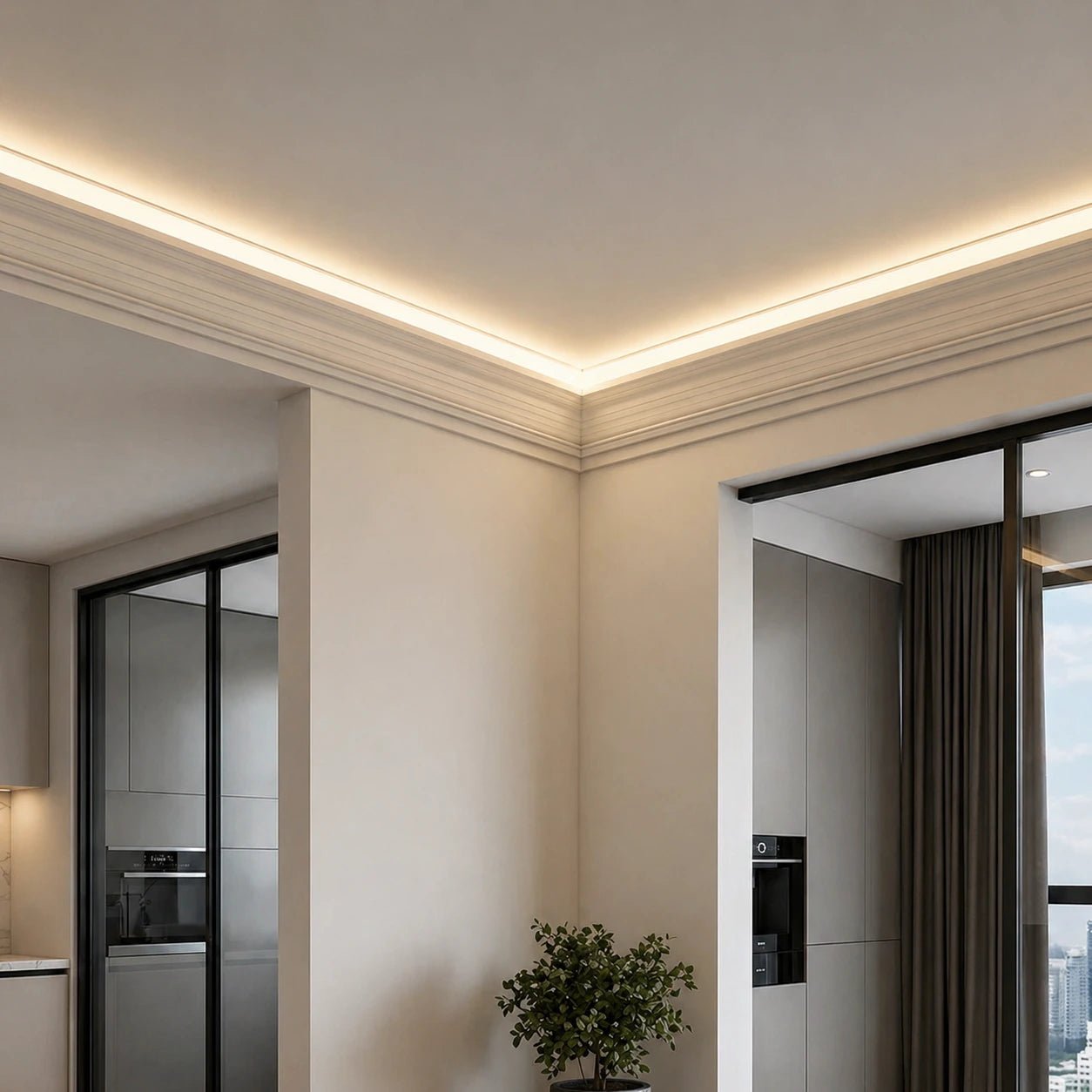 Kartonpiyer Led Profilinin modern bir uygulama görseli. Tavana vuran softa ışık, gözü yormuyor.