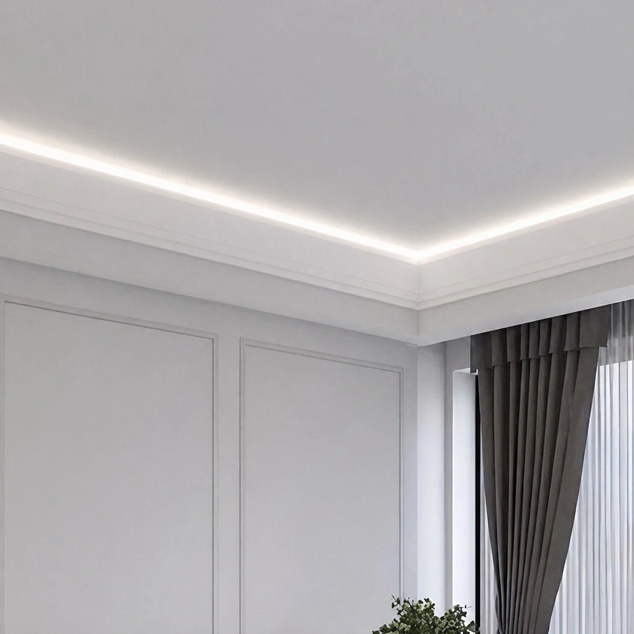 Kartonpiyer Led Profili uygulamasının modern bir uygulaması. Beyaz renkli led ışığı soft şekilde tavana vuruyor. Bu temsili gösterim ışıklı kartonpiyer uygulamasını ziyaretçilere anlatmak için kullanılmış.