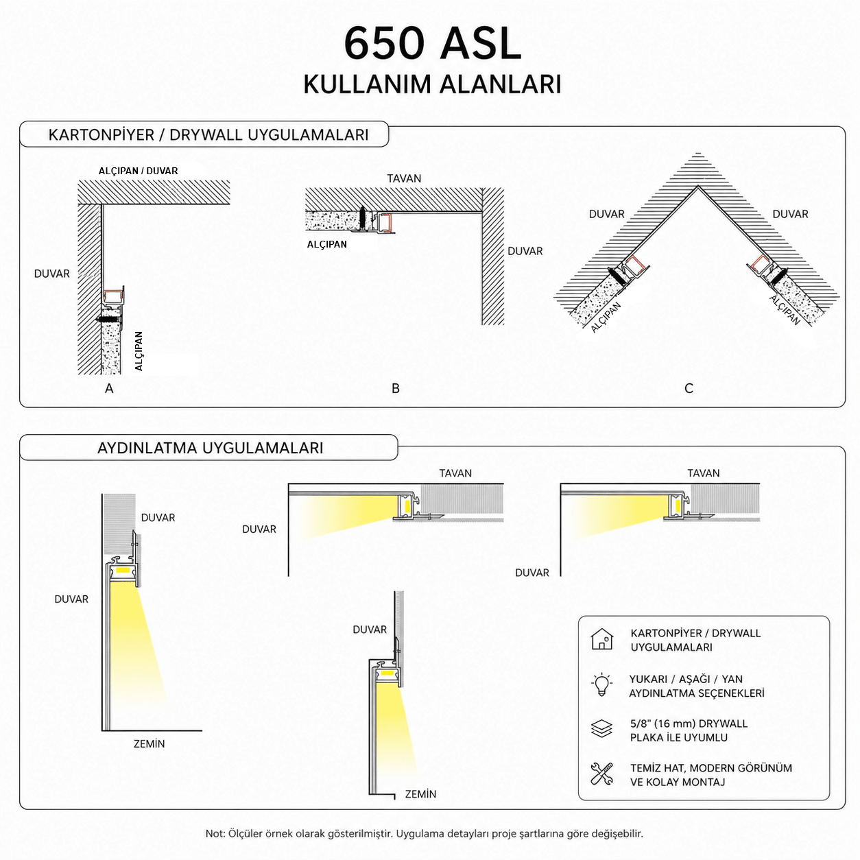 Alçıpan (Trimless) Led Profilleri - 12mm Trimless Sıva Altı Gizli Işık Profili (Koridor) – 650 ASL - LedProfil