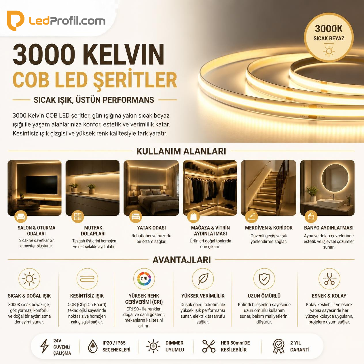 24V COB Şerit LED 5 Metre İç Mekan – 3000K Sıcak Beyaz