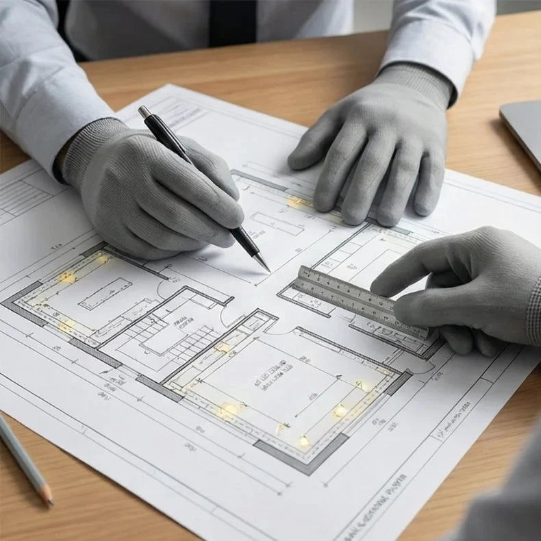 Person working on architectural plans with gloves on