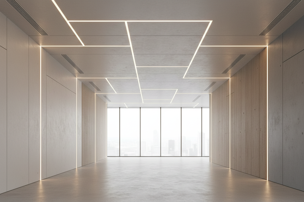 Modern architectural interior with continuous linear LED lighting integrated into ceiling and walls, recessed aluminum LED profiles, neutral color palette, soft indirect light, realistic materials, minimal design, professional architectural style, no people. Tasarım Notları:
Geniş açı mimari sahne
Işık çizgisi net ama göz almayan
Metin solda, bol boşluk